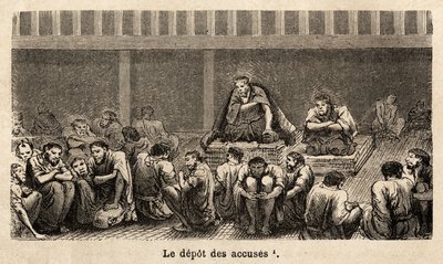 The Stages of Justice: The Depot of the Charges, All of Which Gather Pele Mele in the Same Cell, Often for a Long Time, Defendants Can Obtain More Comfort, for Example, Two Prisoners Have Obtained Mats Allowing Them to Rise Above (above) the Pave Floor, an by Unknown artist