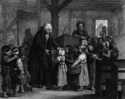 The students of a class come together to give flowers to their school teacher on his birthday. Engraving of the 19th century by Unknown artist