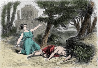 The suicide of Pyramus under the mulberry tree and the death of Thisbe. Convinced that the lioness had devoured Thisbe, Pyramus gave himself death and covered the white mulberries with his blood. Thisbe, hiding to escape the lion, finds her love dead and s by Unknown artist