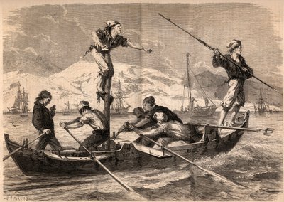 The swordfish harpoon fishing on the coast of Sicily in Italy in 1862. Engraving in 