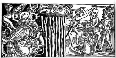 The temptations of Saint Anthony the Great, and on the right his martyrdom. Engraving from 