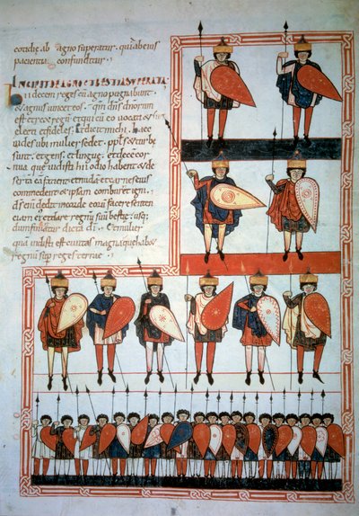 The ten kings of the apocalypse weapons of spears and shields with their troops. Miniature in 