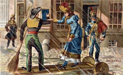 The trade of sweeper in 1820: a sweeper helping a young woman cross a puddle by Unknown artist