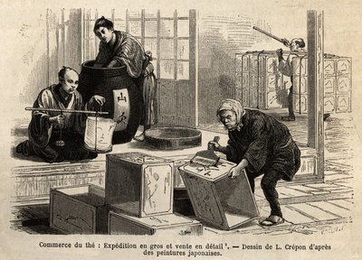 The trade of the tea: wholesale and retail shipping. Engraving to illustrate the voyage to Japan, by Aime Humbert, minister of the Swiss Confederation, in 1863-1864, published in 