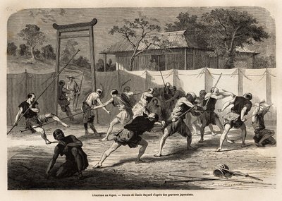 The training of Japanese warriors in sword and spear combat, in a kind of arena surrounded by stretched canvas. Engraving to illustrate the voyage to Japan, in 1863-1864, by Aime Humbert, minister of the Swiss Confederation, in Le tour du monde, nouveau by Unknown artist