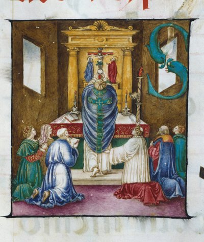 The uplift of the host. Lettrine S. - from a 16th century choir. Church of the Crowned Virgin of Lodi by Unknown artist