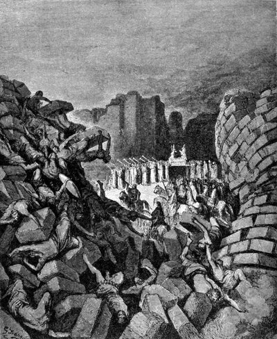 The walls of Jericho collapsed to the sound of the Trumpets of Hosea, which allowed the Hebrews to seize them. Book of Joshua. Engraving of the 19th century by Unknown artist