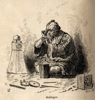 The watchmaker and sundial manufacturer, in his workshop, squatting in front of a small anvil, his tools sparpilles on the floor around him. Engraving to illustrate the journey to Japan, by Aime Humbert, minister of the Swiss Confederation, in 1863-1864, p by Unknown artist