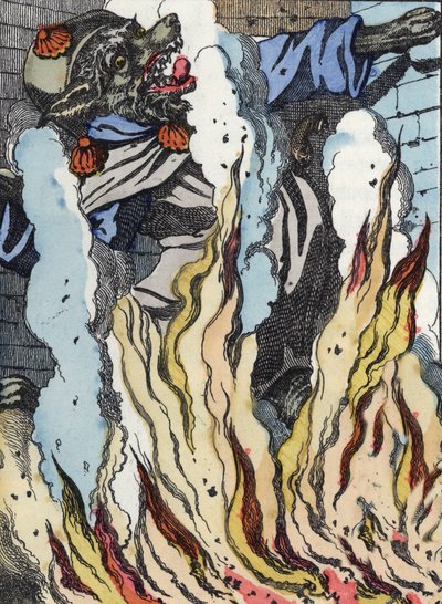 The wolf falls into the fire of the chimney. Illustration of the tale 
