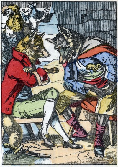 The wolf meets the fox again. Illustration of the tale 