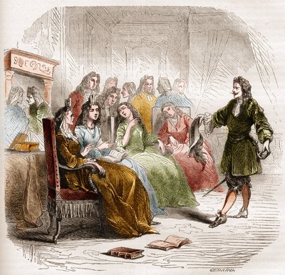 The writer Georges de Scudery during a literary salon organized by his sister, Madeleine de Scudery, in 1650. Engraving from 1860-1861 by Unknown artist