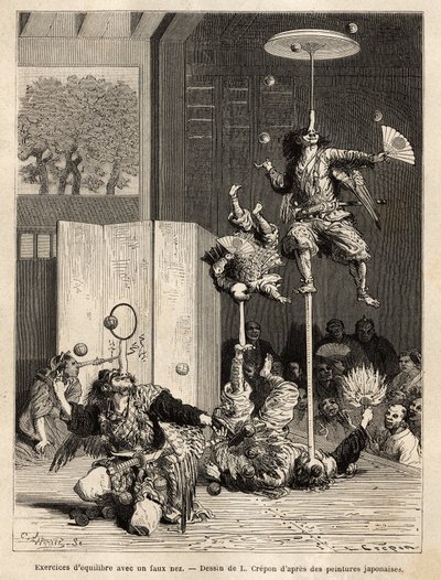 Theatre Saltimbanks: jugglers, equiibrists and acrobats, the ones, are typical of the Edo region (Tokyo), recognizable by their balancing tricks with false nose of manure, the main attribute of the divinity Tengu, patron of these saltibanks. Engraving to i by Unknown artist
