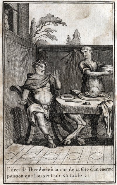 Theodoric the Great, king of the Goths, is frightened at the sight of the head of a huge fish serving on his table. Engraving in 