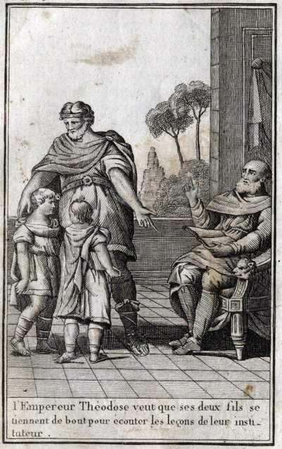 Theodosius I (Flavius Theodosius) (347-395), Roman emperor, wants his two sons, Arcadius (377-408) and Honorius (384-423), to stand up to listen to the lessons of their teacher. 4th century. Engraving in 