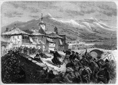 Third Carlist War (1872-1876): Battle between government troops and a Carlist band in Navarre, Spain. Engraving in 