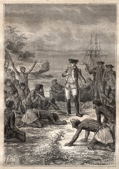 Third voyage (1776-1779) by Captain James Cook: Cook is welcomed by the natives (Hawaii) - illustration taken from The Great Mariners of the 18th century by Unknown artist