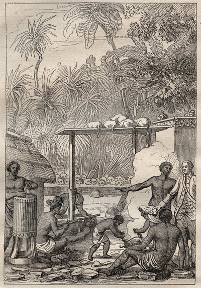 Third voyage (1776-1779) by Captain James Cook (1728-1779): human sacrifice to Tahiti - illustration taken from 