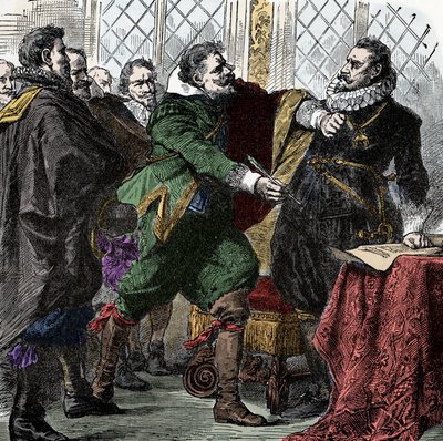Thirty Years War: Sign it, Nandel! - Count Paul Jakob von Starhemberg asks Emperor Ferdinand II to sign an agreement to restore peace in Bohemia by Unknown artist