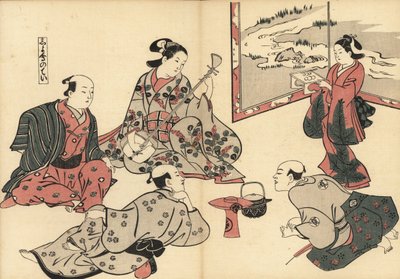 Three Samurai Listen to a Courtesan Play the Shamisen, as a Kamuro Brings Food on a Tray. Woodblock Print by Masanobu Okumura from Fuzoku Emakimono, Picture Scroll of the Water Trade, Tokyo, Reprint circa 1880. by Unknown artist