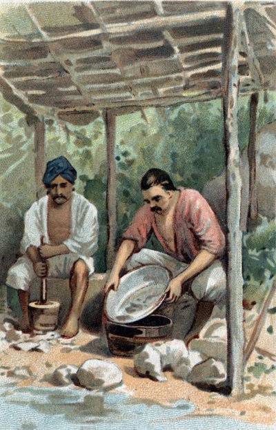 Tin scrubbers in Malacca (Malaka), Malaysia. Chromolithography of the late 19th century. by Unknown artist