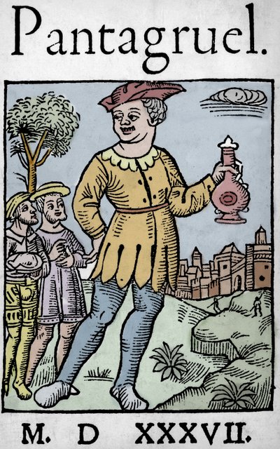 Title page of the 1537 edition of Pantagruel, by Francois Rabelais - The giant Pantagruel and two of his apostles, from 