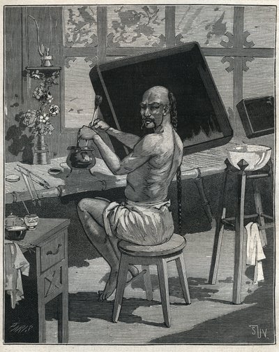 Tong Oil Lacquer in China. Engraving from 1885 in 