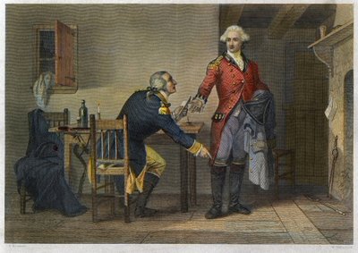 Treachery of Arnold - War of Independence or American Revolution (1775-1783) - Benedict Arnold (1741-1801) succeeded in convincing Major John Andre (1750-1780) to conceal the plans of West Point in his boot at their meeting on 21 September 1780. by Unknown artist