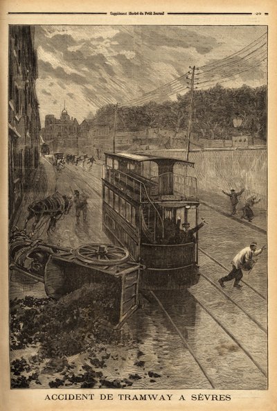 Tram accident in Sevres, material damage but no injuries. Engraving in Le petit journal 24/01/1897. Selva Collection by Unknown artist