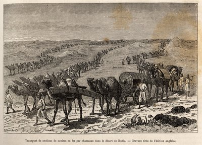 Transport of iron ship sections by camels, in the desert of Nubia (Sudan), engraving illustrating an armed expedition in Central Africa, for the suppression of the black trade by Unknown artist