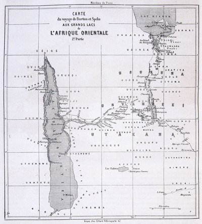 Travel map of Richard Francis Burton, British explorer and Speke to the Great Lakes of East Africa 1857-59 - in Tour du Monde by Unknown artist