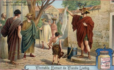 Travelling bookseller in ancient Greece. Chromolithography, Liebig image by Unknown artist