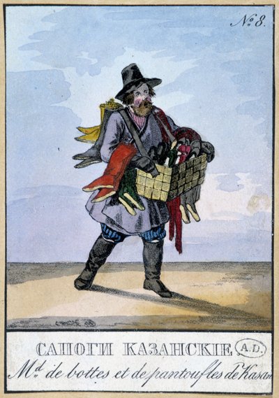 Travelling merchant of boots and slippers by Kasan - Engraving of the 19th century by Unknown artist