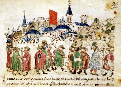 Travelling pilgrims arrive in Rome. 14th century. Chronicles Sercambi. Lucca, National Archives by Unknown artist