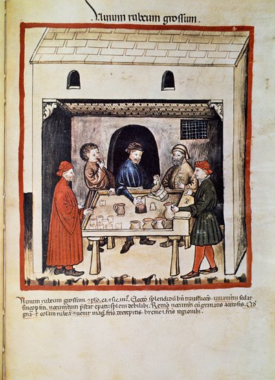 Treat a doctor: red wine, group of men in a tavern drinking wine. Page taken from Tacuinum sanitatis (Cod. ser. nov. 2644) Around 1400 by Unknown artist