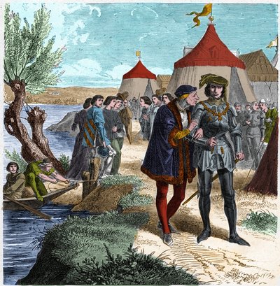 Treaty of Conflans on 5 October 1465 between the King of France Louis XI and Charles de Charolais ending the revolt of nobles or League of Public Good. Engraving in 