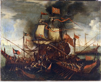 Turkish galleys approach a Venetian ship by Unknown artist