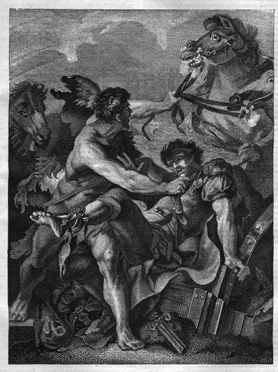 Twelve works of Hercules: Diomede killed by Hercules and eaten by his own horses. Engraving after the painting of Jean-Baptiste-Marie Pierre (1714-1789) by Unknown artist