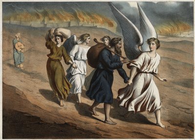 Two angels guide Lot and his daughters who must leave the city of Sodom, which, like that of Gomorrah, is destroyed by God. Lot