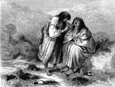 Two indios from Peru taking tobacco. 19th century engraving by Unknown artist
