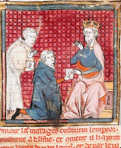 Two messengers announce to Charlemagne the victory over the Saracens. Miniature from 