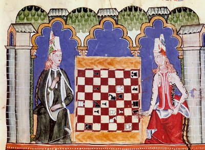 Two women playing chess. Miniature from the manuscript 
