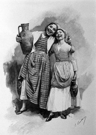 Two Young Women of the People, Inhabiting Palermo, Sicily. Engraving of the 19th Century by Unknown artist