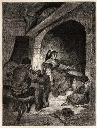 An inn fireplace at Saint Cernin, engraving to illustrate a voyage to the volcanoes of central France in 1864, in Le tour du monde, nouveau journal des voyages published under the direction of Edouard Charton by Unknown artist