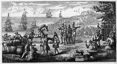 Unbarking of supplies in the French colonies of America. Pen drawing places a head of a memoire of Vauban on 