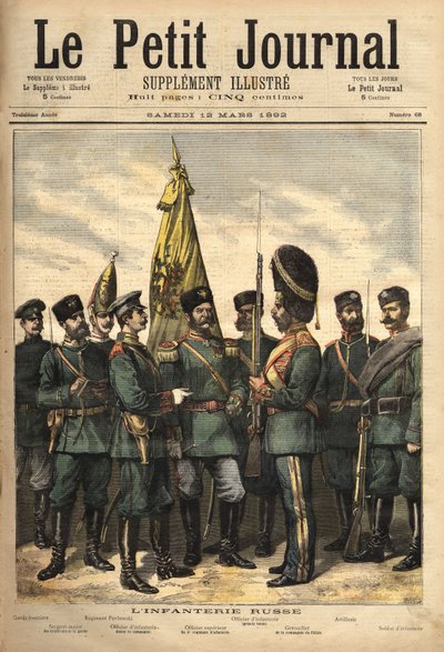 Uniforms of the Russian infantry, allied to France, from left to right: the border guard, the sergeant major of the guards, the Pavlowski regiment, the officer, the superior officer, the palace grenadier, the artillery uniform, and the soldier. Engraving by Unknown artist