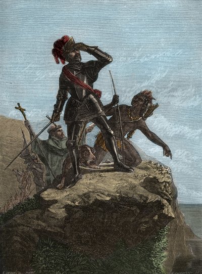 Vasco Nunez de Balboa, Spanish explorer - Balboa discovering the Pacific Ocean in 1513 (engraving after the painting by Mr Urdaneta) by Unknown artist