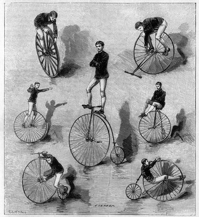 Velocipedic exercises by American Dan Canary. Engraving in 