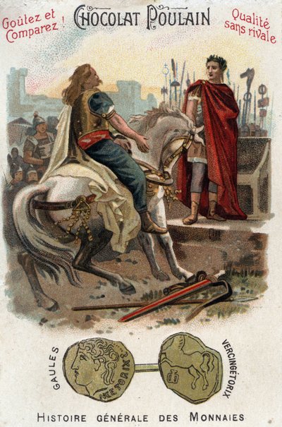 Vercingetorix (72-46 BC), leader of the Gallic rebellion, lays down arms at the feet of Caesar (100-44 BC), after definitively losing the city of Alesia - In General History of Coins - Chocolate-Foal Chromolithography of the late 19th century - Private Col by Unknown artist