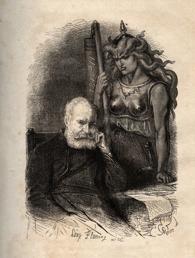 Victor Hugo seated with a goddess of war - engraving from The Terrible Year, a series of poems that deal with the Siege and the trauma of losing his son by Unknown artist