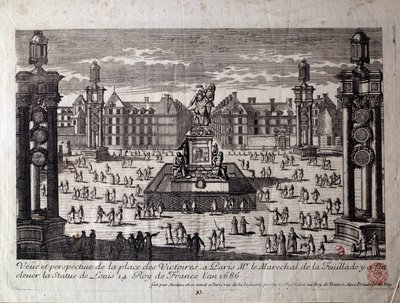View of Place des Victoires in Paris with the statue of Louis XIV raised by the marechal de la Feuillade in 1686. Engraving of the 17th century Paris, Musee Carnavalet by Unknown artist